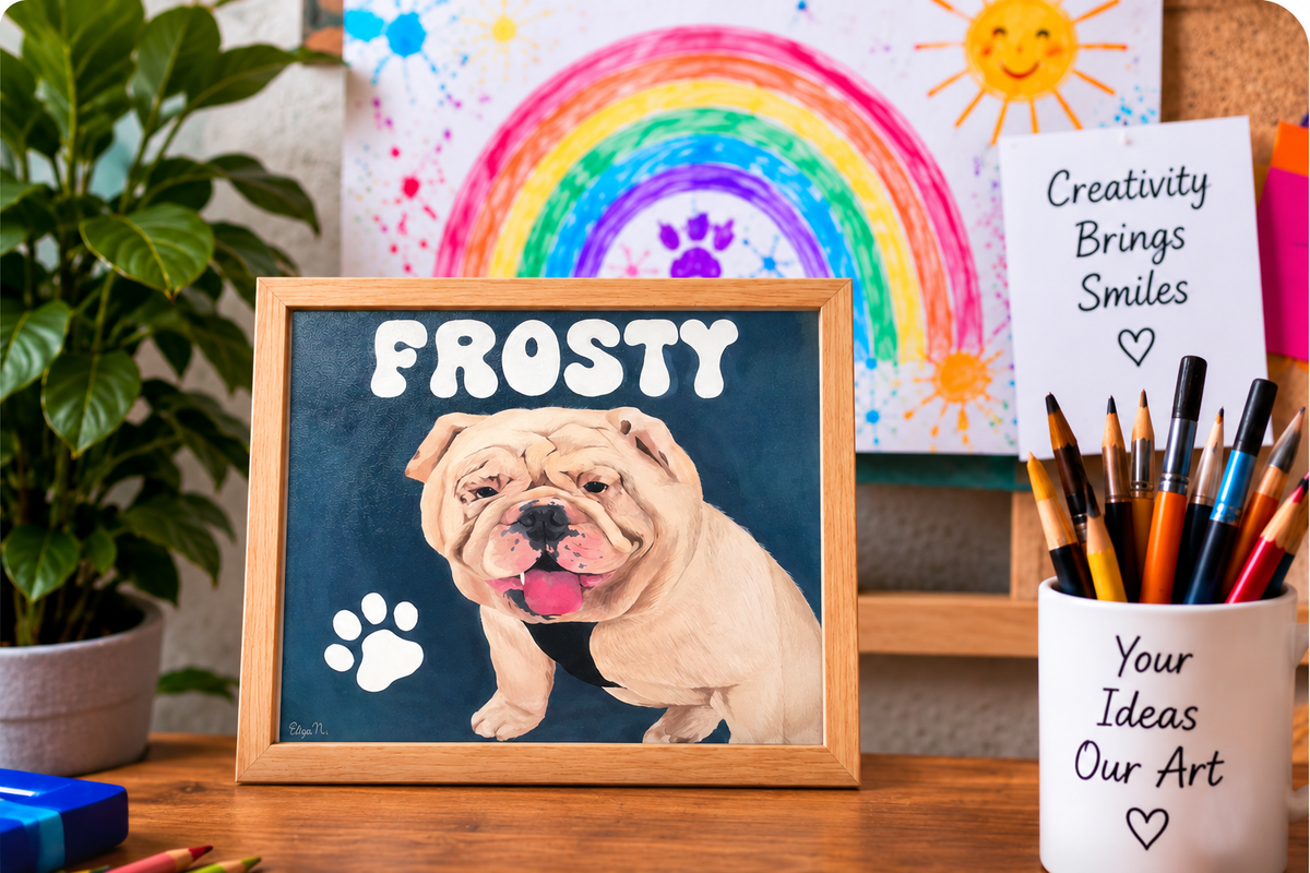 Frosty custom bulldog artwork in the PMY creative studio
