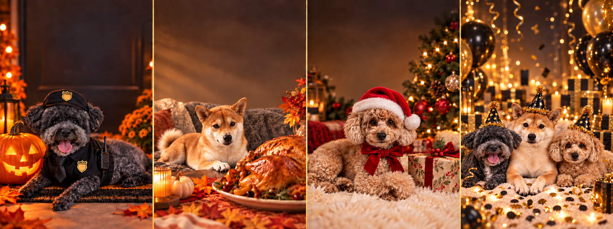 Oreo at Halloween, Nakita at Thanksgiving, Gia at Christmas, and all three dogs celebrating New Year's