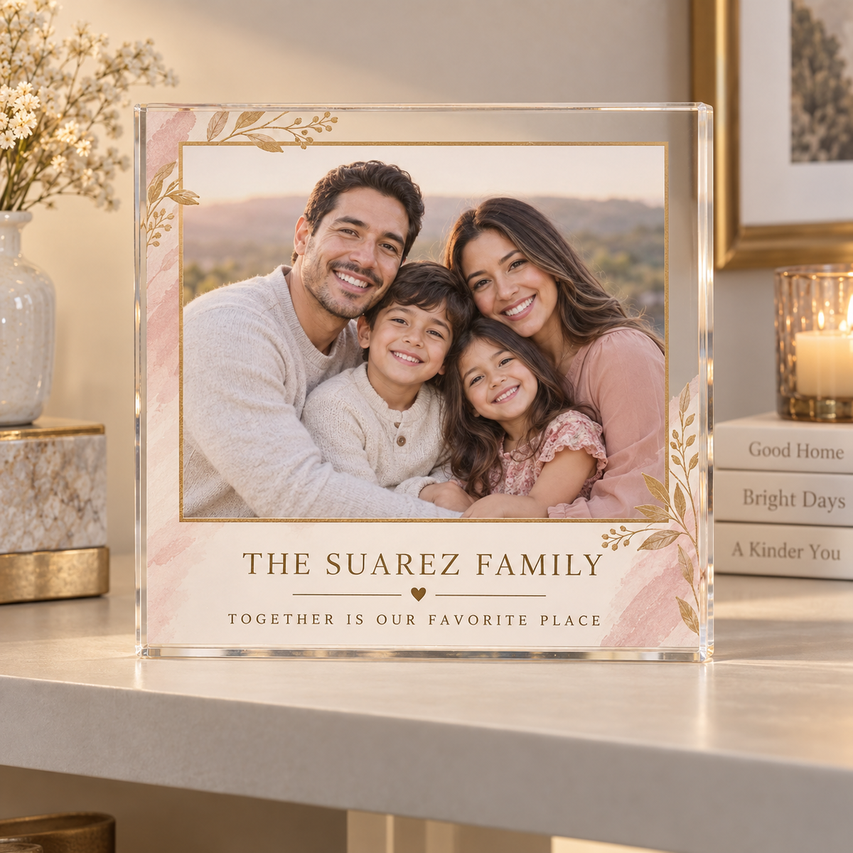 Personalized acrylic family photo plaque with floral accents and Suarez family name