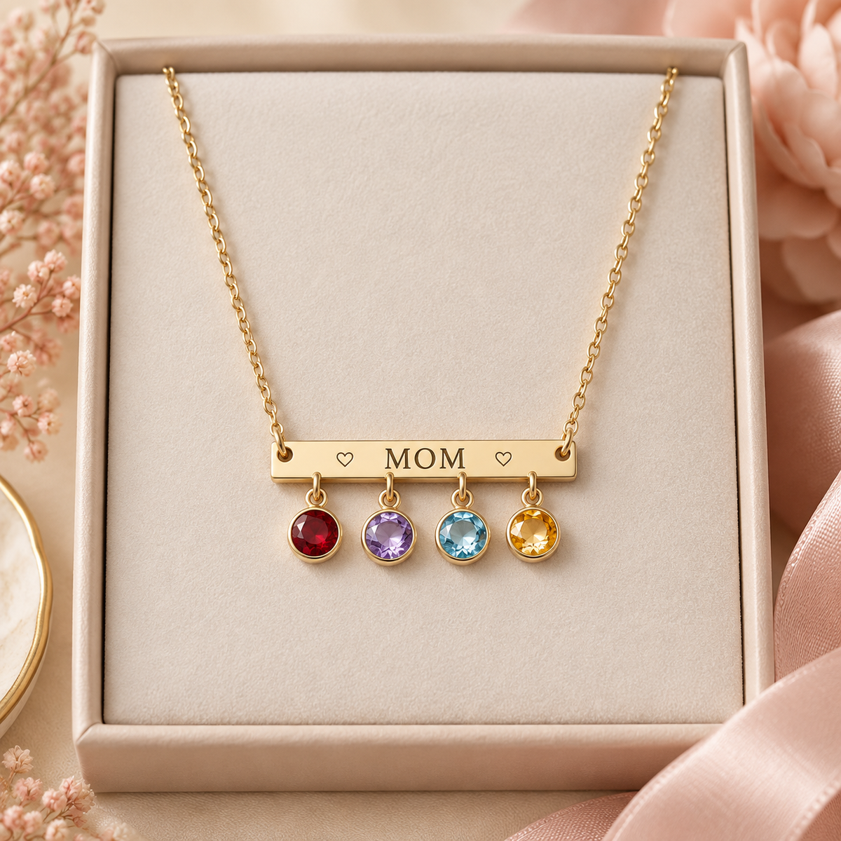 Personalized MOM family birthstone necklace