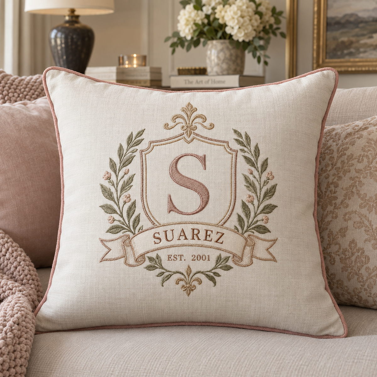 Personalized Suarez family crest embroidered pillow