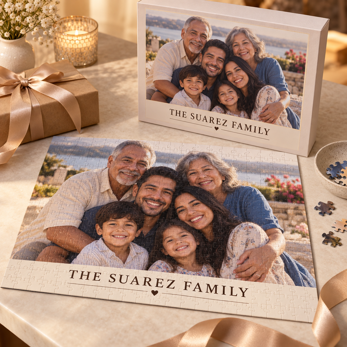 Personalized Suarez family photo puzzle with keepsake box