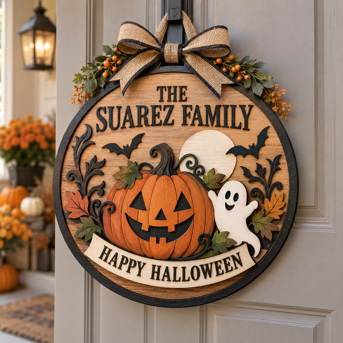 Personalized Suarez family Halloween round door sign