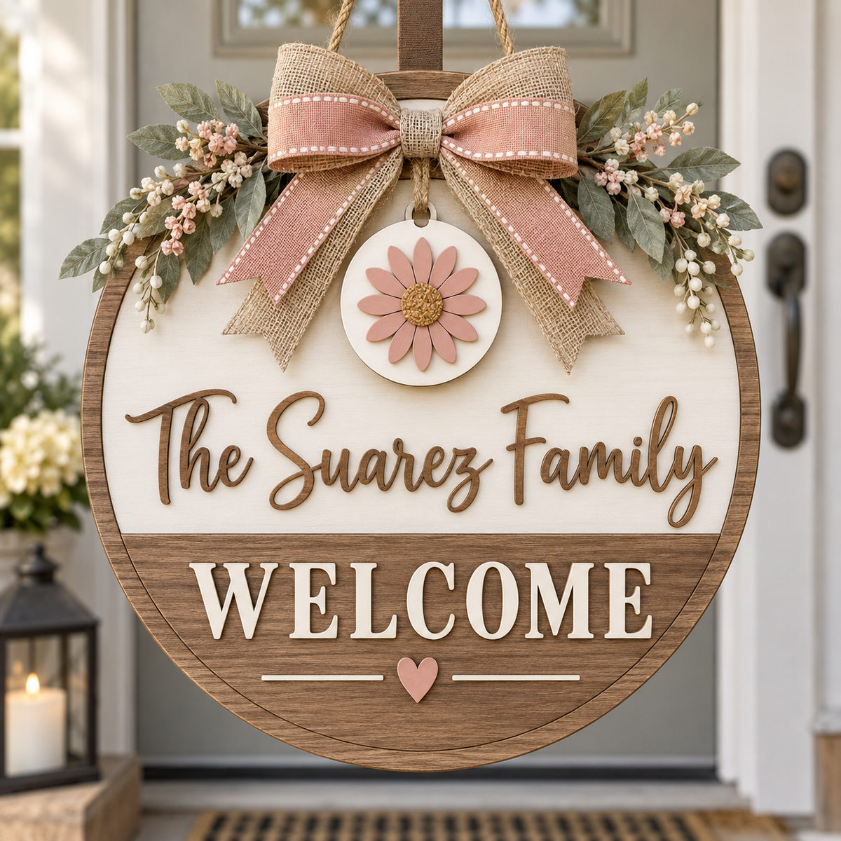 Personalized interchangeable round welcome door sign for The Suarez Family