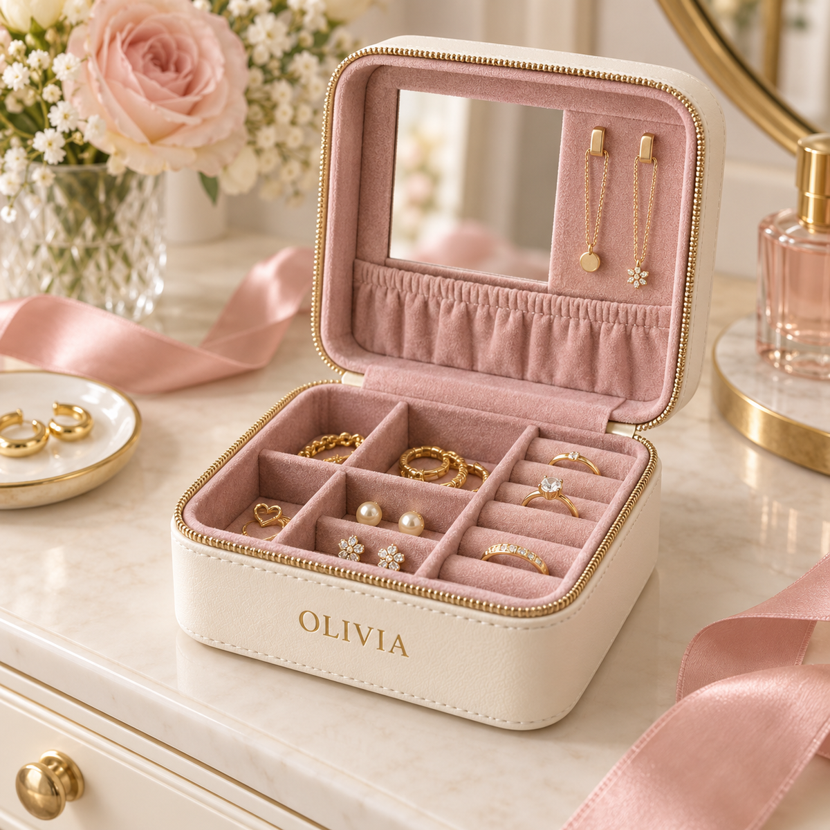 Personalized ivory jewelry box with blush interior and Olivia name