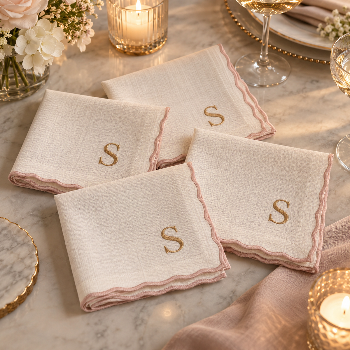 Set of four personalized S monogram linen cocktail napkins
