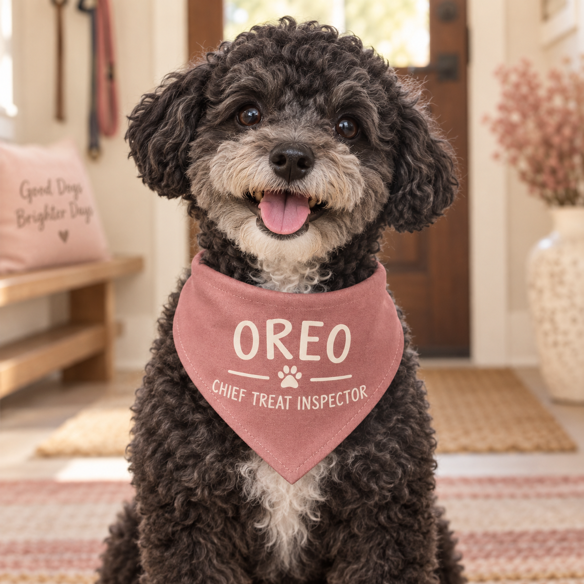 Personalized dusty rose pet bandana modeled by Oreo