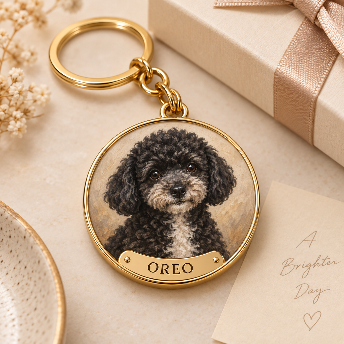 Personalized gold pet portrait keychain featuring Oreo, a small dark curly poodle