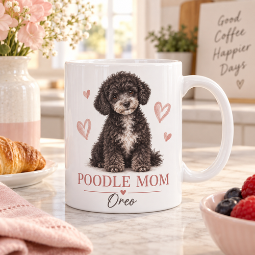 Personalized Poodle Mom ceramic mug featuring Oreo