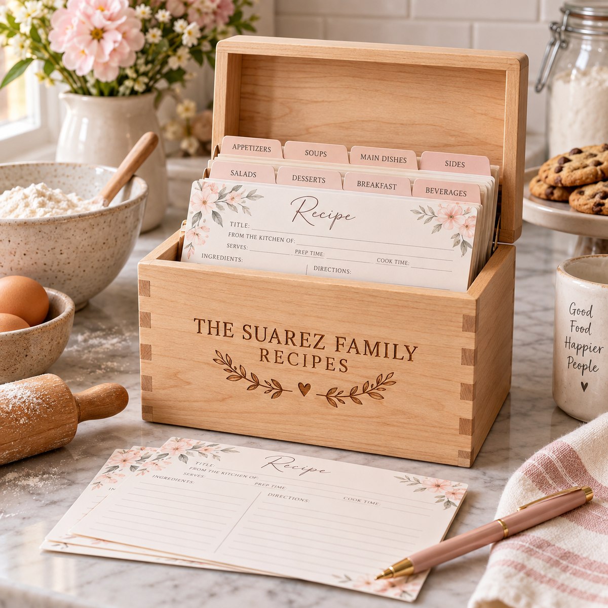 Personalized Suarez family wooden recipe card box