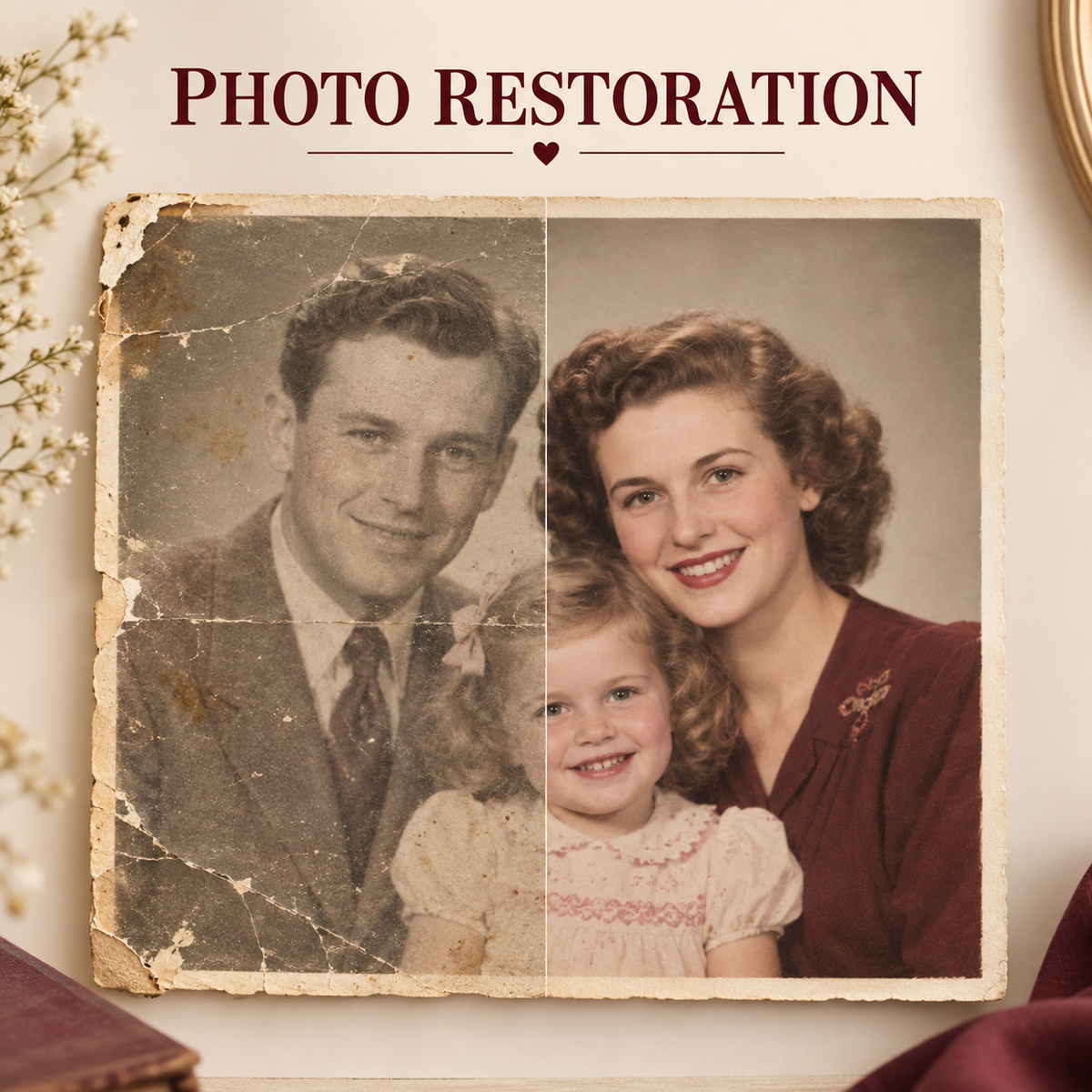 Before-and-after example of professional photo restoration