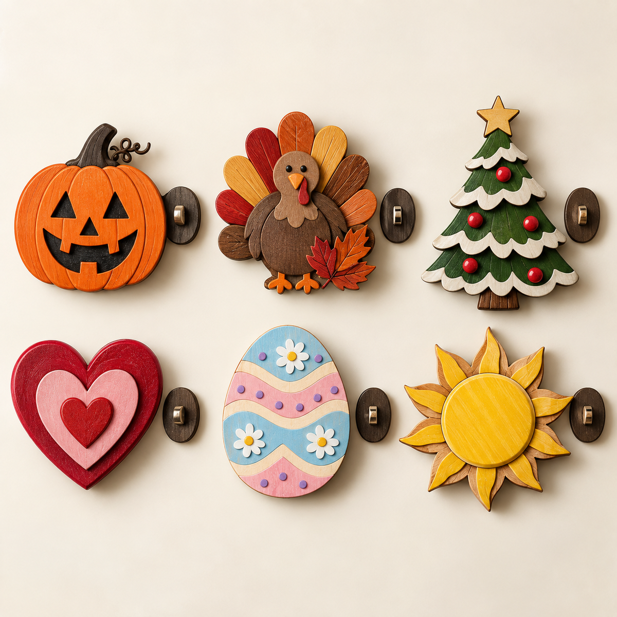 Six interchangeable seasonal wooden sign attachments